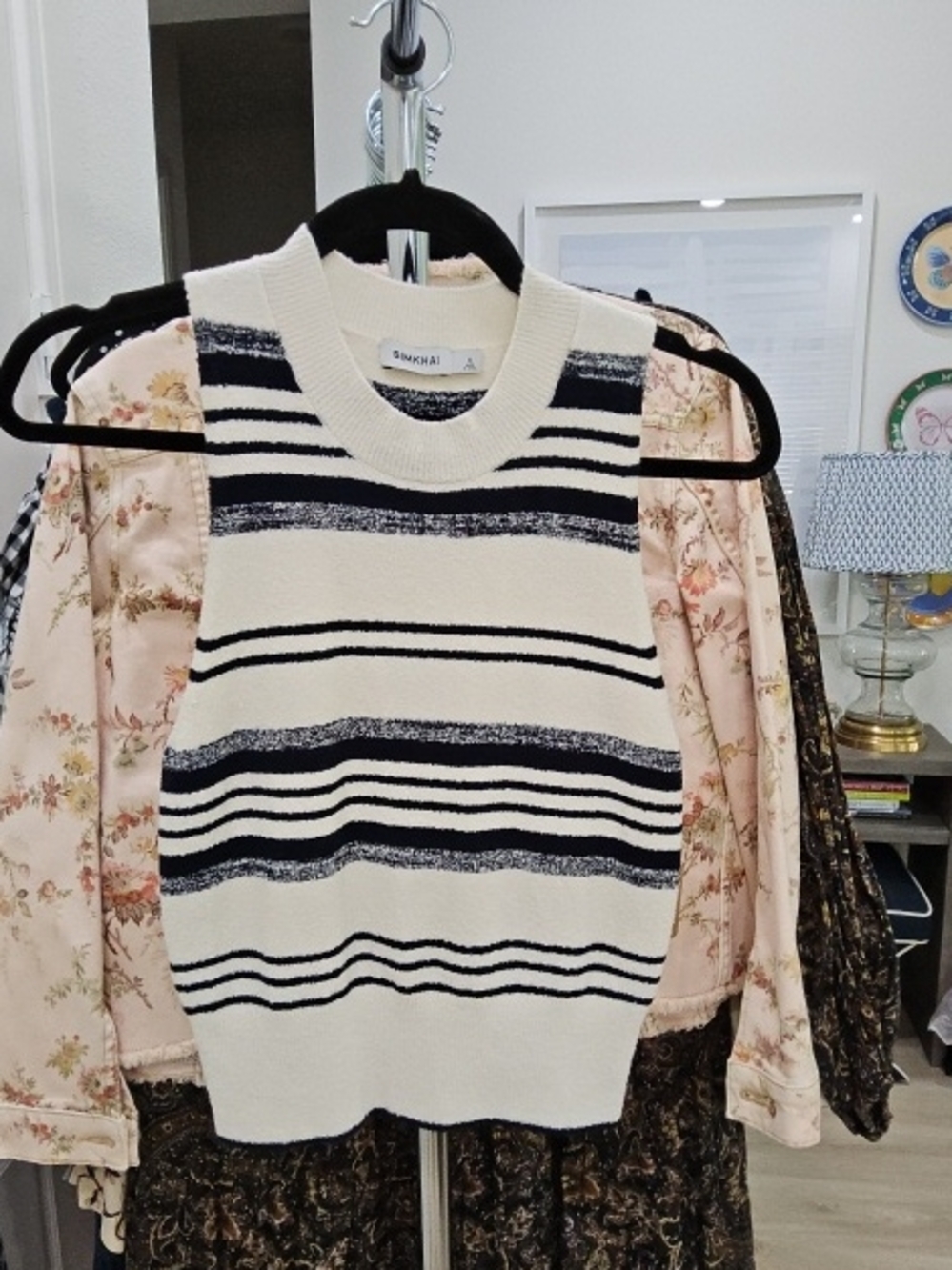 SIMKHAI Cream & Black Striped Knit Sweater Vest